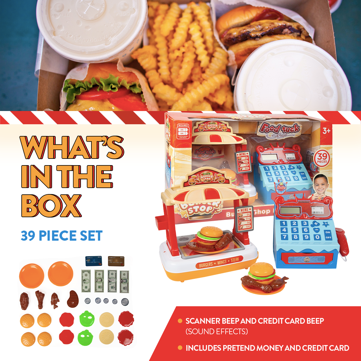 39 Piece Burger Shop with Cash Register Kids Playset