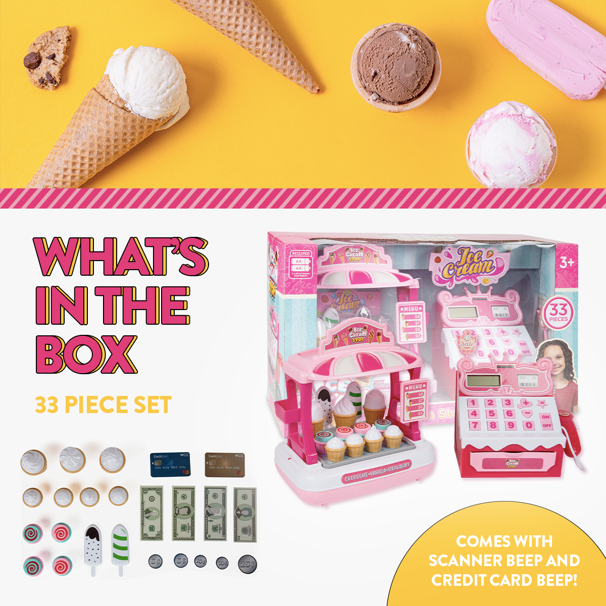 33 Piece Ice Cream Shop with Cash Register Kids Playset