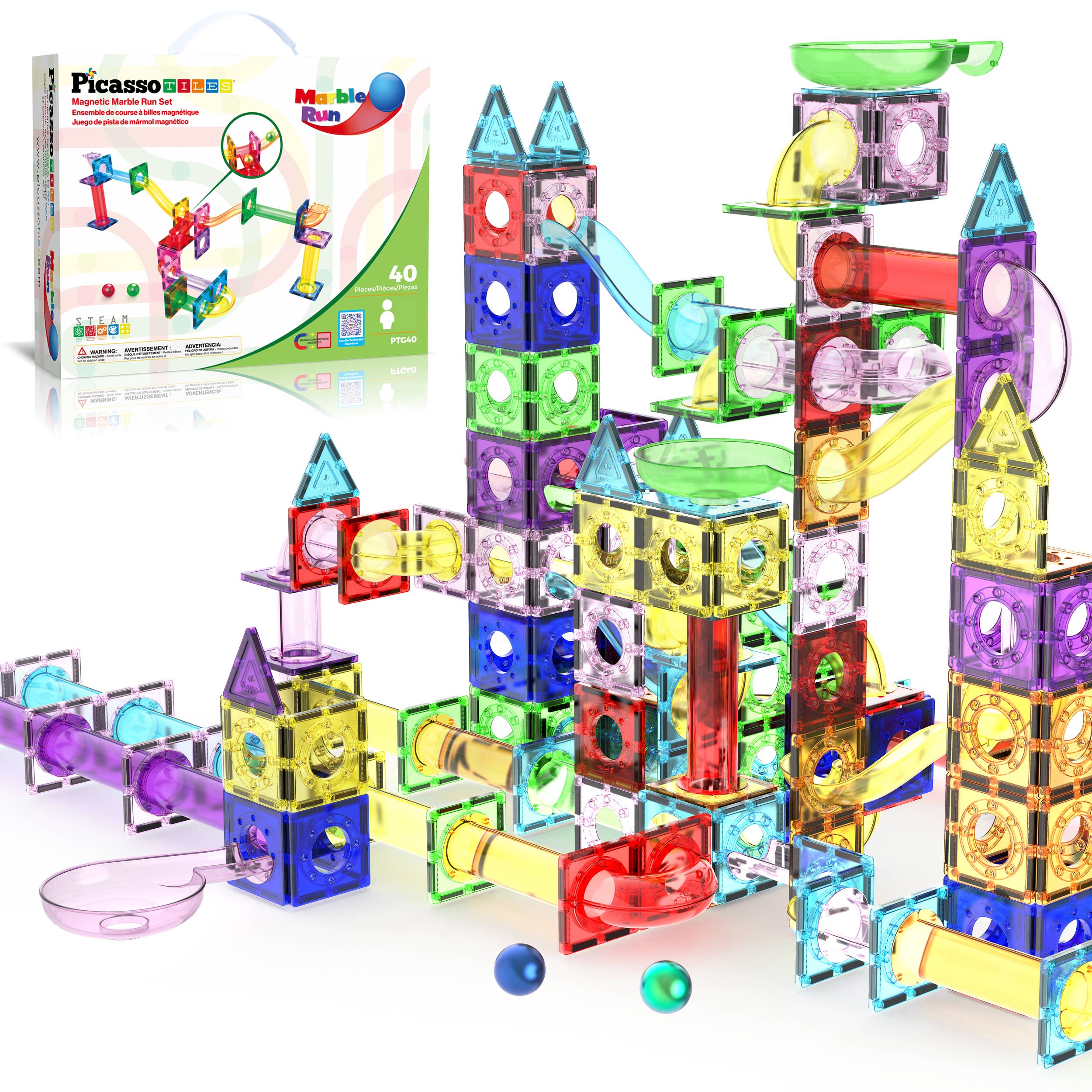 PicassoTiles 40pc Magnetic Marble Run Building Set